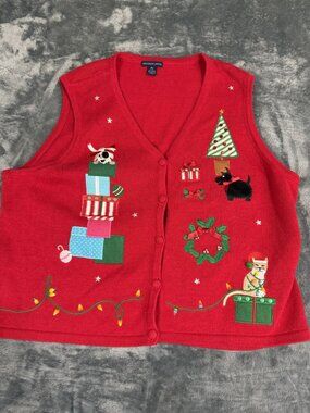 Westbound Petites Womens Red Christmas Holiday Vest Sweater PXL